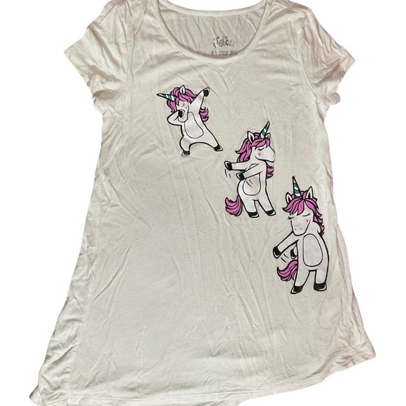 White Tunic Tee w/ Dancing Sparkle Unicorn Graphic - Picture 1 of 4